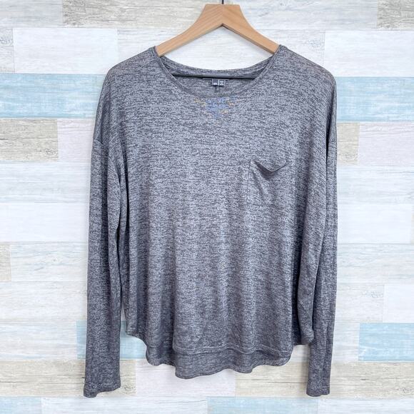 Vince Metallic Stretchy Relaxed Pocket Tee Gray Long Sleeve Womens Medium - Picture 1 of 6